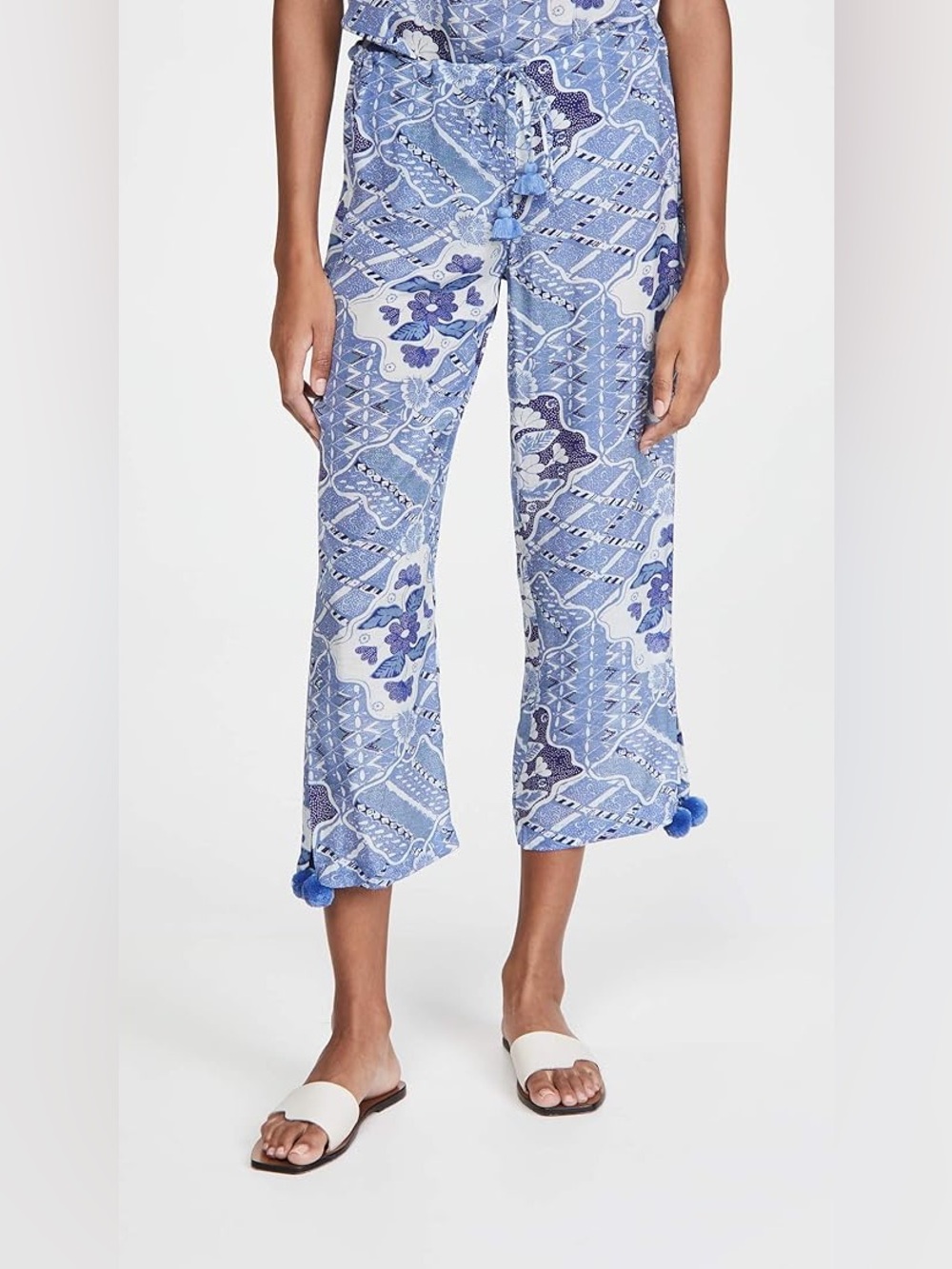 Figue Goa Drawstring Blue Wide Leg Pants Size L‎ Cropped High Rise Pompoms Trim